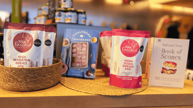 Wild Fuschia Bakehouse Wheaten and Soda Bread Mix Selection on display in the Giant's Causeway Visitor Centre Retail area, Co. Antrim